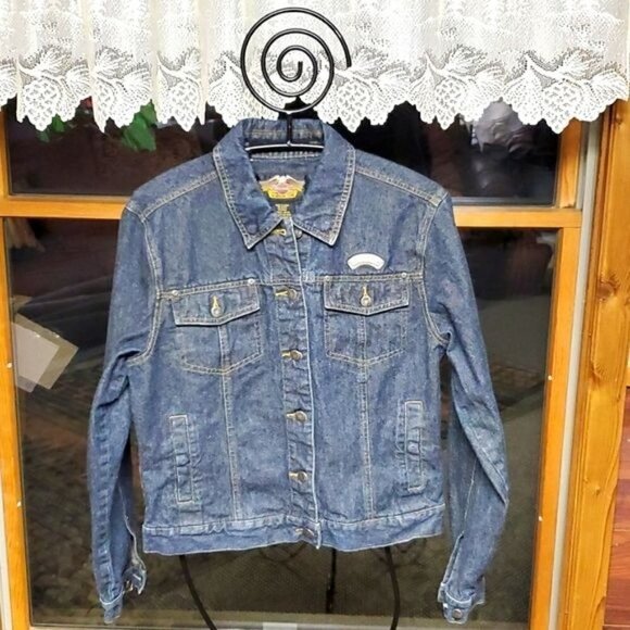 Harley-Davidson Sz. M Studded Eagle Logo Graphic Blue Jean Jacket - Picture 1 of 10